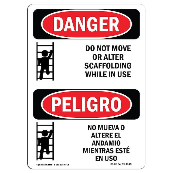 Safety Sign, OSHA Danger, 5" Height, Do Not Move Or Alter Scaffolding Spanish, 10PK